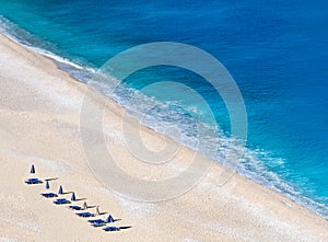Top view on Beautiful Myrtos beach with turquoise water on the island of Kefalonia in the Ionian Sea in Greece