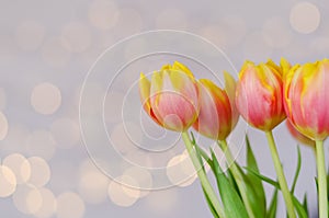 Top view of beautiful pink, yellow tulips on blue background with bokeh. Greeting card. 8 March. Mother`s Day. Happy Women.