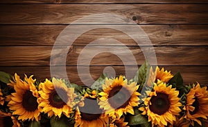 Top view of beautiful sunflowers on a wooden background with copy space