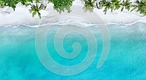 Top view of beautiful tropical beach which summer  Amazing Sandy coastline and white turquiose sea waves. As Aerial view of white
