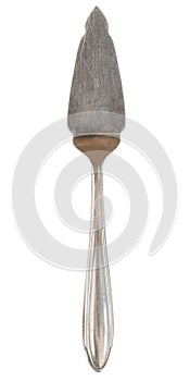 Top view of beautiful vintage silver cake shovel isolated on white background