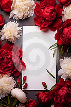 Top view of a beautiful white frame with peonies inside, a great place to place a Valentine's Day greeting.