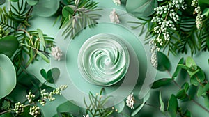 Top View Beauty Cosmetics. Light Green Anti Ageing Cream in Glass Jar with Green Plant