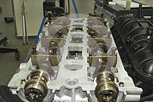 Top view of the bed of camshafts with installed shafts