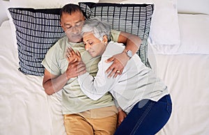 Top view, bed and senior couple hug, sleeping and marriage with peace, relationship and retirement. Romance, old man and