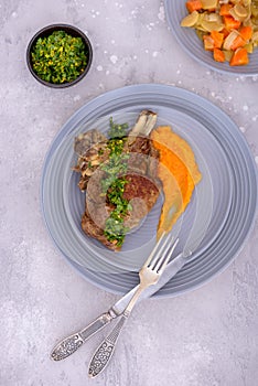 Top view beef and mashed sweet potato