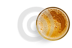 Top view of beer bubbles in glass cup on white background. empty space for design