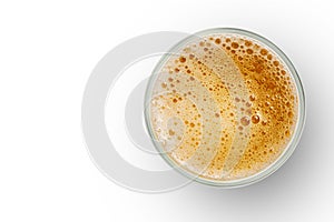 Top view of beer bubbles in glass cup on white background. empty space for design