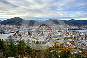 Top view of Bergen, Norway The view from the top of the hill overlooks the city and the bay in the morning