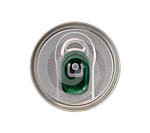 Top view of beverage can with green ring pull isolated on white
