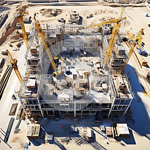Top view on big construction site with cranes and industrial machines at bright sunny day.