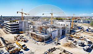 Top view on big construction site with cranes and industrial machines at bright sunny day.