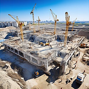 Top view on big construction site with cranes and industrial machines at bright sunny day.