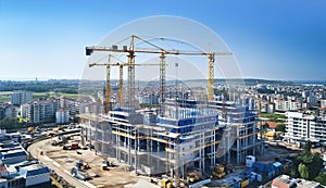 Top view on big construction site with cranes and industrial machines at bright sunny day.