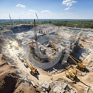 Top view on big construction site with cranes and industrial machines at bright sunny day.