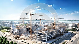 Top view on big construction site with cranes and industrial machines at bright sunny day.