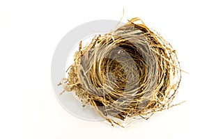 Top view of Bird`s nest on white background for free space text