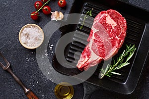 Top view Black Angus prime beef rib eye steak