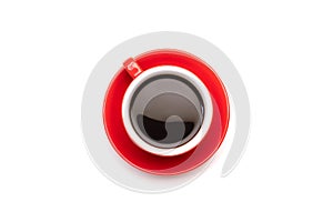 Top view black coffee or Americano in red cup isolated on white