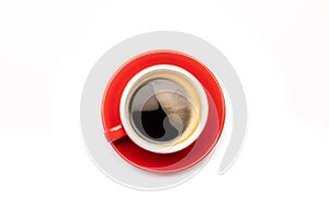 Top view black coffee or Americano in red cup isolated on white