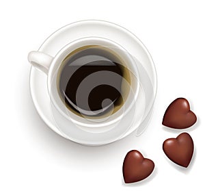 Top view of black coffee cup with chocolate.