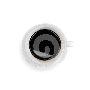 Top view of black coffee in a white ceramic cup isolated on white background with clipping paths