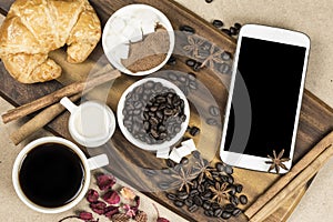 Top view of black coffee white cup with croissant bread retro st