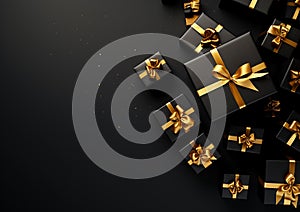 Top view of the black and gold ribbon gift boxes