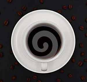 top view of black hot coffee With a white ceramic cup.