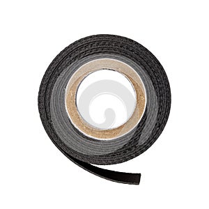 Top view of black plastic adhesive tape isolated on white