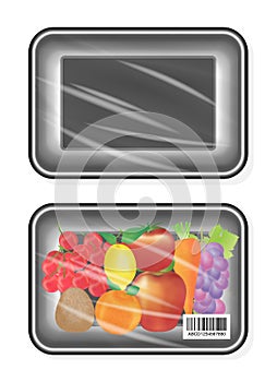 Top view of Black polystyrene packaging mockup with fruite inside