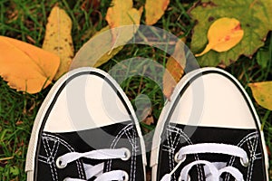 Top view black sneakers on a yellow autumn leaves background