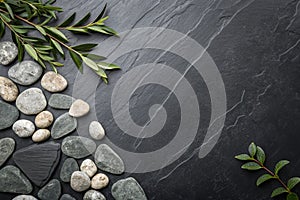 Black stone background, grey cement texture top view