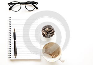 Top view. Black vintage glasses and open book. Minimal Style on white background use for wallpaper and screen