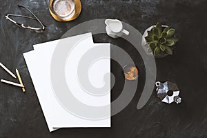 Top view blackboard desktop with white blank magazine stack, mockup