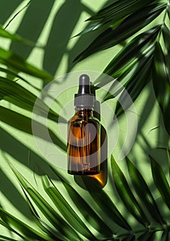 top view of Blank amber glass essential oil or serum bottle with pipette on green background with tropical leaves shadow