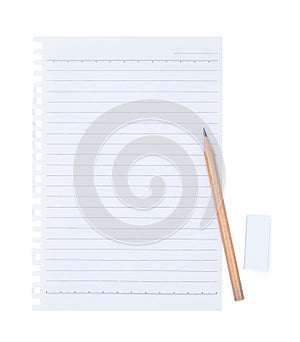 Top view of blank notebook and pencil with ruber on white background