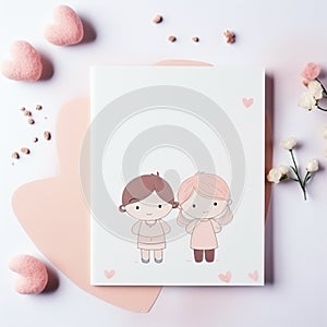 Top view blank notepad empty diary , cartoon cute boy and girl pink pastel romantic love background