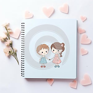 Top view blank notepad empty diary , cartoon cute boy and girl pink pastel romantic love background