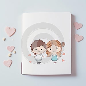 Top view blank notepad empty diary , cartoon cute boy and girl pink pastel romantic love background
