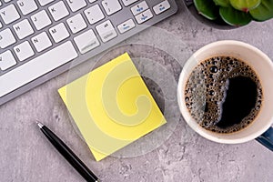 Blank sticky adhesive note with a cup of coffee