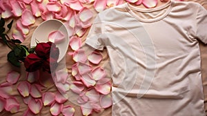 Top View Of Blank White T-Shirt Mockup For Valentine\'s Day With Pink Rose Petals. Generative AI