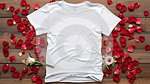 Top View Of Blank White T-Shirt Mockup For Valentine\'s Day With Red Petals. Generative AI