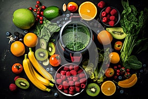 Top view of a blender and fresh fruits and vegetables on a kitchen table