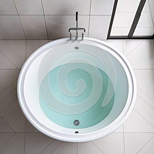 Top view of blue bathtub in modern bathroom, 3d render