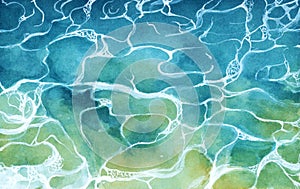 Top view of blue frothy sea surface. Watercolor Illustration