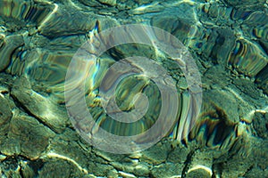 Top view of blue, green and turquoise colors of water, surface of sea on rocks and bottom. Reflection of sun beams in water.