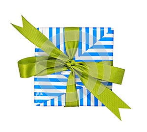 Top view of blue line gift box with green ribbon