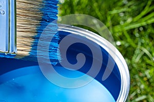 Top view of blue paint can, can lid, new brush on green grass