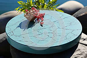 Top view blue podium for cosmetics and spa products with water texture and floating flowers